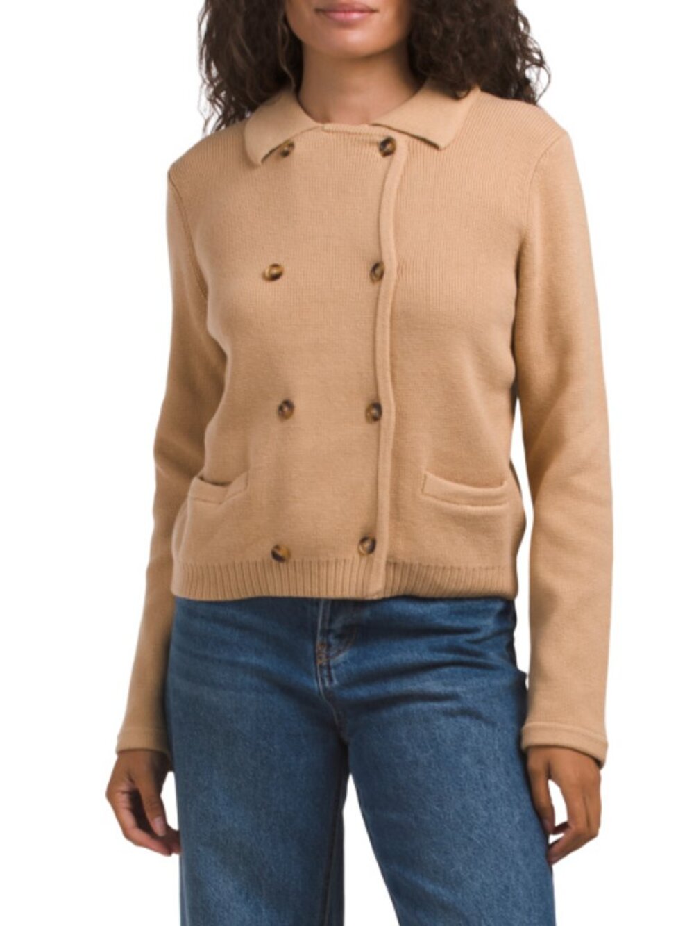 ELIE TAHARI Camel Long Sleeve Collared Double Breasted Sweater Cardigan